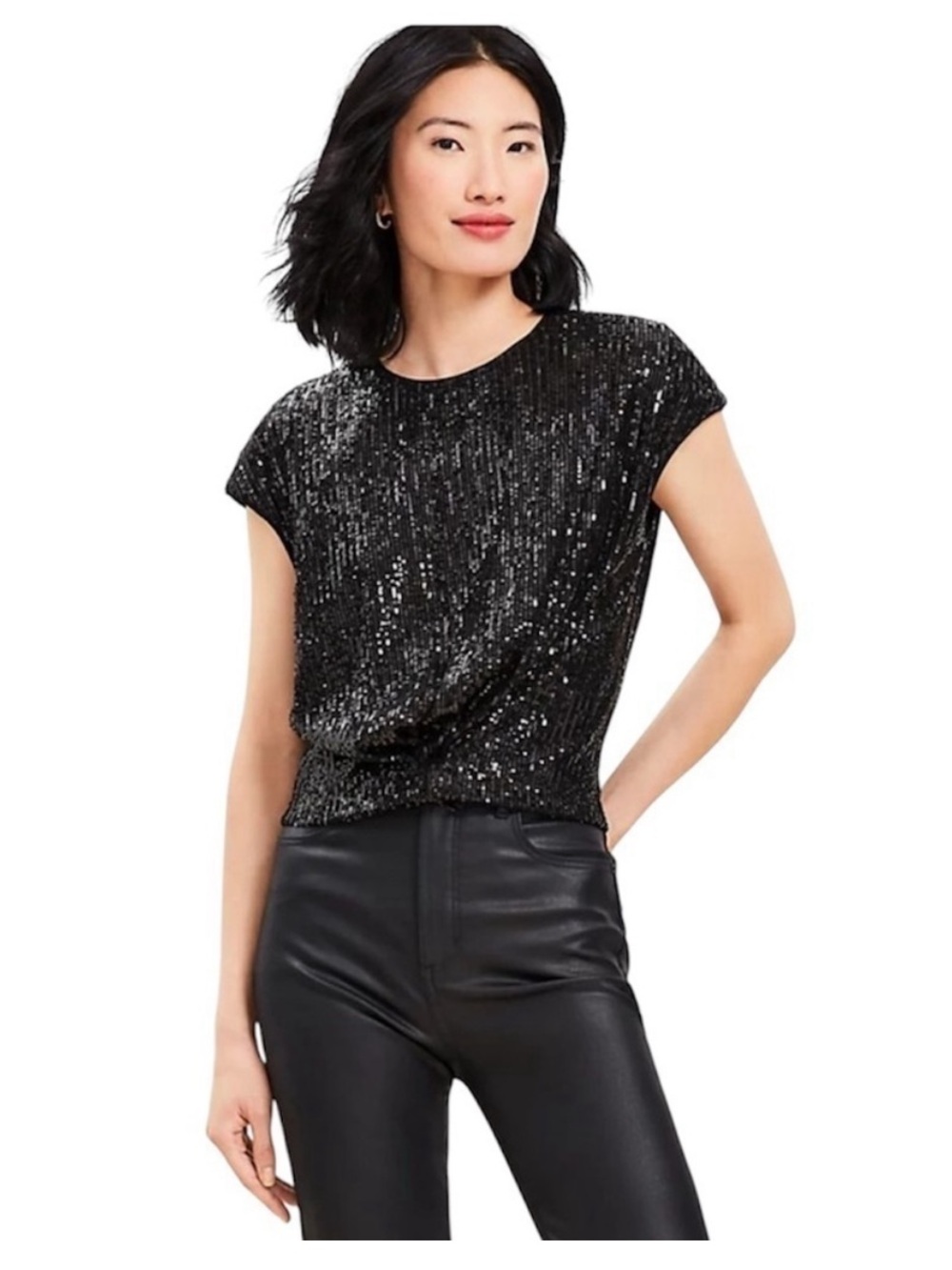 LOFT Black Sequin Cap-Sleeve Top